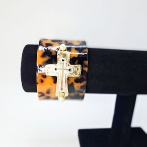 Tortoise Shell Cuff Bracelet Wide Gold Cross Pearl‎ Accent Statement Religious